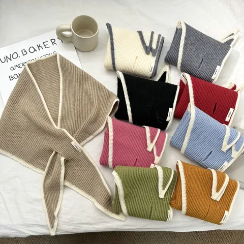 Chal Triangular Estilo Coreano con Borde de Contraste para Mujer Bufanda de Punto Casual Simple Envoltura de Hombro Accesorio Cálido