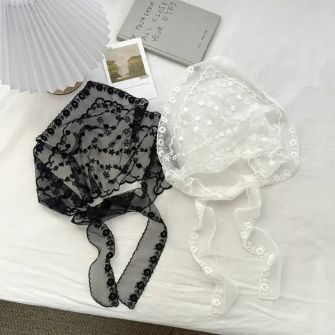 Koreaanse Kant Bloemen Driehoekige Sjaal Voor Vrouwen Geborduurde Mesh Sheer Hoofddoek Band Taille Wikkelrok Accessoire