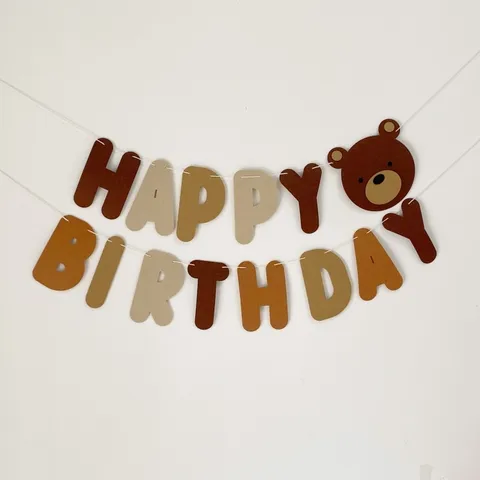 Rétro Bannière de Fête d'Anniversaire d'Ours Brun Guirlande de Pompons Premier Anniversaire de Bébé Décoration Murale de Fond Décor Suspendu de Chambre d'Enfants