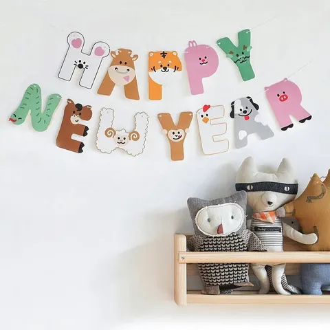 Banderole en Papier Animaux du Zodiaque Chinois Joyeux Nouvel An Fête Décoration Bébé Anniversaire Fond Guirlande Suspendue