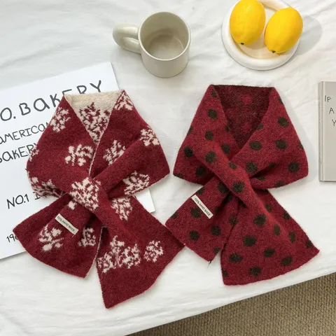 Vintage Fair Isle Jacquard Cross Neck Warmer For Women Korean Style Winter Warm Polyester Knitted Scarf Festive Snowflake Pattern Neckwrap Gift
