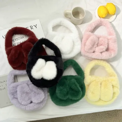Women Cute Rabbit Ear Plush Handbag Faux Fur Mini Top Handle Bag Winter Warm Fuzzy Bucket Bag For Daily Casual Solid Color Handbag