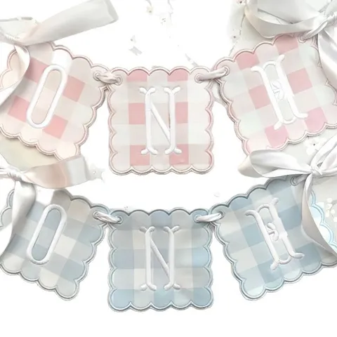 Style Ins Carreaux Broderie Noeud Ruban Satin Bébé Un An Fête Bannière
