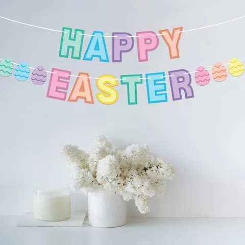 Bannière en Papier pour Fête de Pâques Lapin Œuf Happy Easter Guirlande Suspendue Décoration Célébration