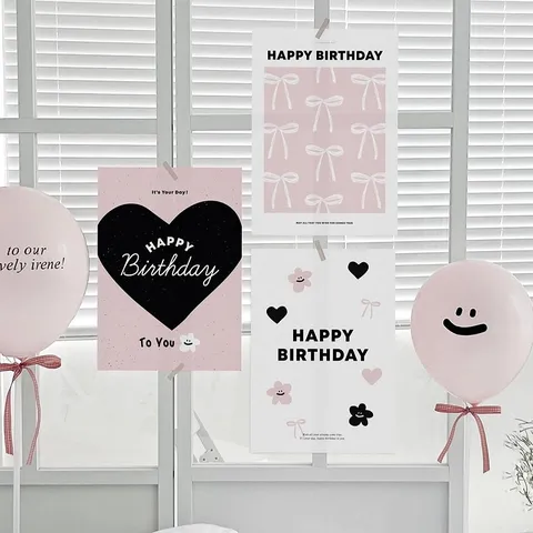 Style INS Carte Papier Poster Fête d'Anniversaire Enfants Fond Décoratif Nœud Rosa Cœur Noir Floral Décoration Murale