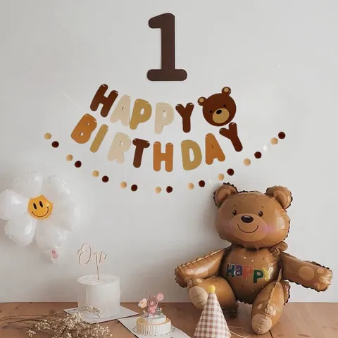 Rétro Bannière de Fête d'Anniversaire d'Ours Brun Guirlande de Pompons Premier Anniversaire de Bébé Décoration Murale de Fond Décor Suspendu de Chambre d'Enfants