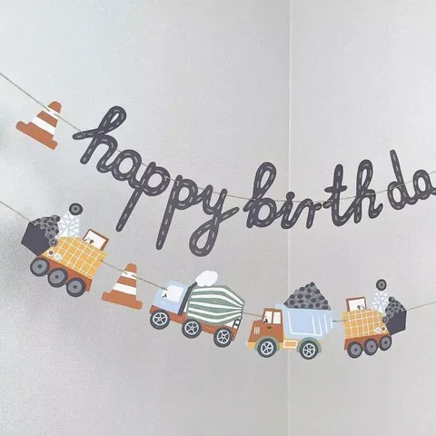 Bannière de Décoration de Fête d'Anniversaire pour Enfants Guirlande en Papier avec Lettres et Véhicules de Chantier