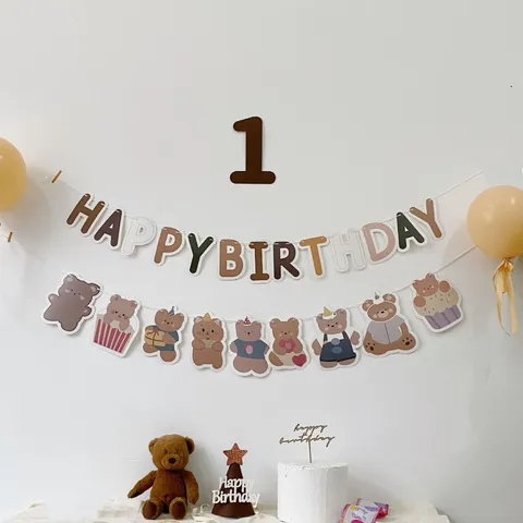 Style INS Ours Joyeux Anniversaire Fête Décoration Bannière Mignonne Guirlande Fanion Papier Enfant Anniversaire