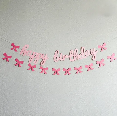 Bannière de Fête d'Anniversaire Guirlande à Nœud Joyeux Anniversaire Décorations Suspendues Rose Bleu Fournitures de Fête