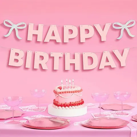 Bannière Guirlande en Papier Pailleté Rose Happy Birthday Avec Nœud Fournitures de Décoration de Fête