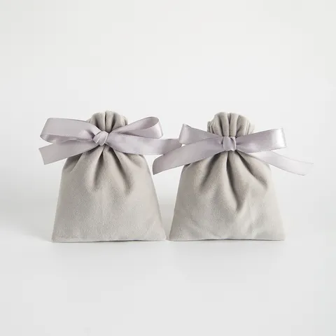 Eleganter Grauer Samt Schmuckbeutel Mit Satinschleife Luxus Kleiner Kordelzug Geschenkbeutel Für Hochzeit Party Schmuckverpackung