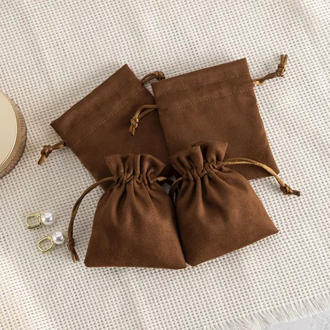 Minimalistisch Wildleder Kordelzugbeutel Braun Schmuckverpackung Tasche Samt Geschenktüten Für Halsketten Anhänger Aufbewahrung Organisation