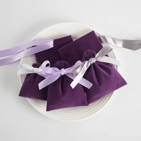 Elegant Plush Drawstring Pouches With Satin Ribbon Bow Purple Velvet Gift Bags For Jewelry Necklaces Cosmetics Packing Storage Organizer Bags