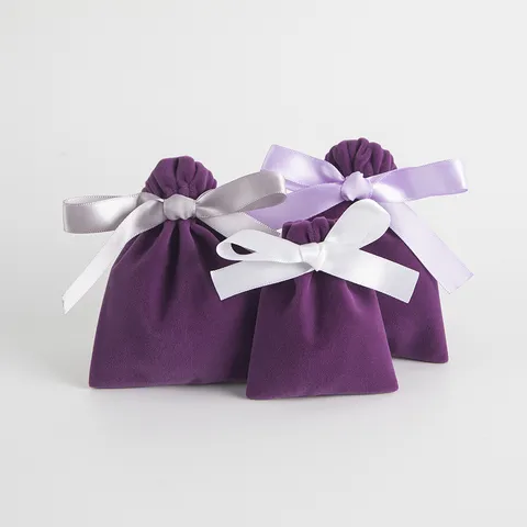 Elegant Plush Drawstring Pouches With Satin Ribbon Bow Purple Velvet Gift Bags For Jewelry Necklaces Cosmetics Packing Storage Organizer Bags