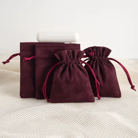Einfarbig Weinrot Stoff Wildleder Schmuck Geschenk Verpackung Kordelzug Beutel Tasche Minimalistisch Kleine Samtbeutel Für Halskette Aufbewahrung