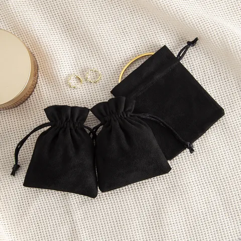 Effen Kleur Suède Sieradenzakje Trekkoord Cadeau Verpakkingszakje Voor Ketting Hanger Ringen Accessoires Kleine Opbergtas Zwart