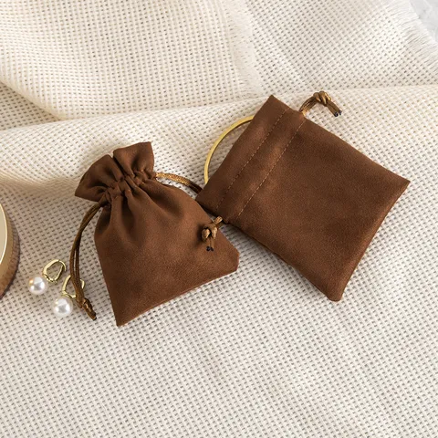 Minimalistisch Wildleder Kordelzugbeutel Braun Schmuckverpackung Tasche Samt Geschenktüten Für Halsketten Anhänger Aufbewahrung Organisation