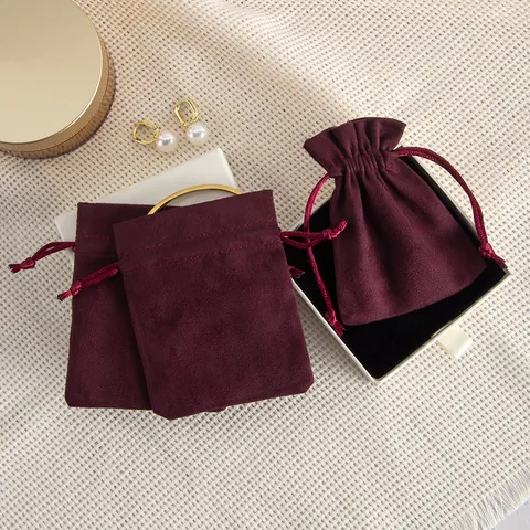 Einfarbig Weinrot Stoff Wildleder Schmuck Geschenk Verpackung Kordelzug Beutel Tasche Minimalistisch Kleine Samtbeutel Für Halskette Aufbewahrung