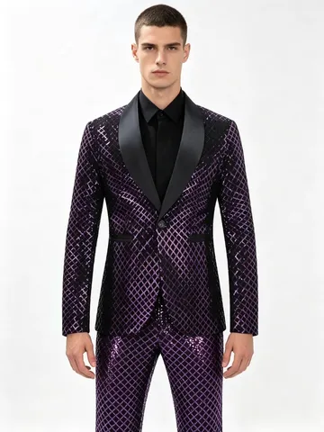 Ανδρικό Σετ Κοστούμι με Πούλιες Slim Fit Γιακάς Σάλι Blazer με Ένα Koumpi και Παντελόνι για Party Νυχτερινό Κέντρο Σκηνή