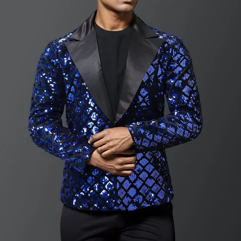 Men's Peak Lapel Sequin Suit Jacket Slim Fit Diamond Pattern Blazer For Stage Banquet Party Prom Formal Wear