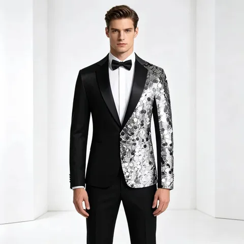 Chaqueta de Traje con Lentejuelas para Hombre Elegante Slim Fit Manga Larga Un Botón Blazer para Actuación en Escena Fiesta