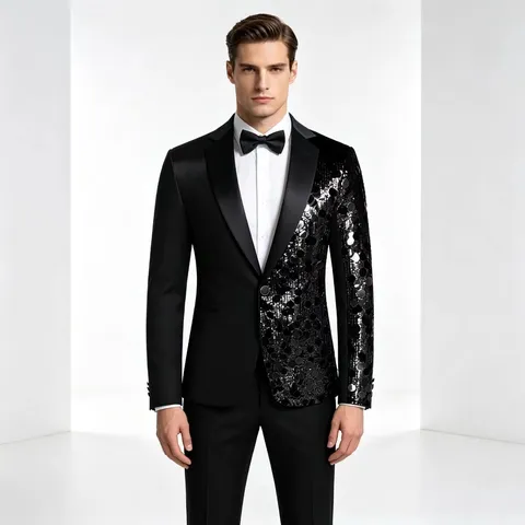 Chaqueta de Traje con Lentejuelas para Hombre Elegante Slim Fit Manga Larga Un Botón Blazer para Actuación en Escena Fiesta