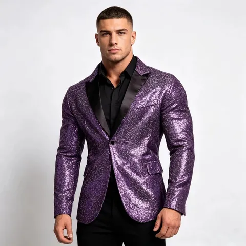 Giacca da Abito con Paillettes da Uomo Lucida Glitter Blazer da Spettacolo Revers Un Bottone Festa in Discoteca