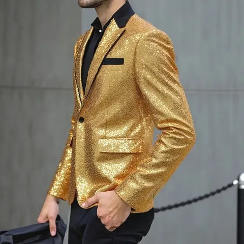 Men's Sequin Casual Suit Jacket Long Sleeve One Button Slim Fit Blazer For Stage Performance Party Host