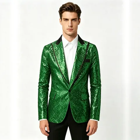 Men's Sequin Casual Suit Jacket Long Sleeve One Button Slim Fit Blazer For Stage Performance Party Host