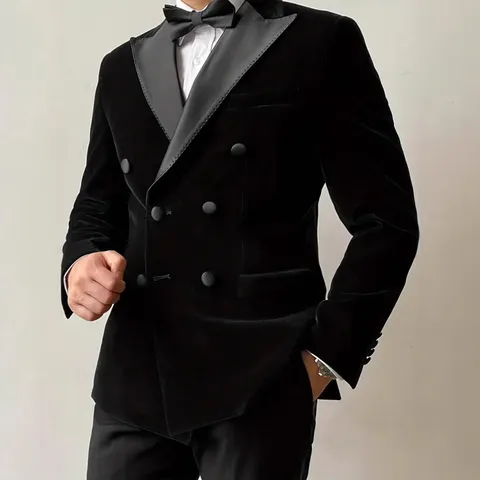 Chaqueta Blazer Elegante de Terciopelo con Doble Botonadura para Hombre Ajustado Poliéster Color Sólido Formal para Boda Banquete