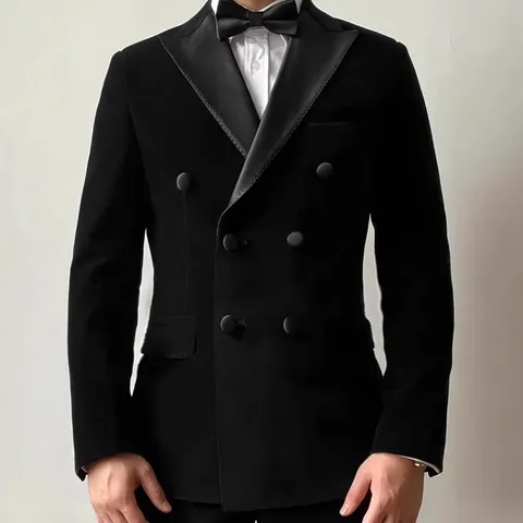 Chaqueta Blazer Elegante de Terciopelo con Doble Botonadura para Hombre Ajustado Poliéster Color Sólido Formal para Boda Banquete