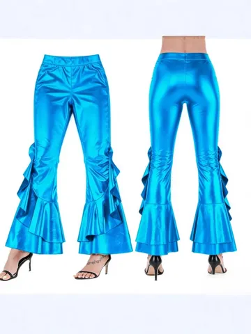 Women's Sexy Stage Glossy Imitation Leather Flared Pants High Waist Irregular Ruffle Wide Leg Long Trousers Clubwear
