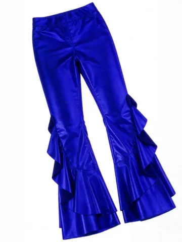 Women's Sexy Stage Glossy Imitation Leather Flared Pants High Waist Irregular Ruffle Wide Leg Long Trousers Clubwear