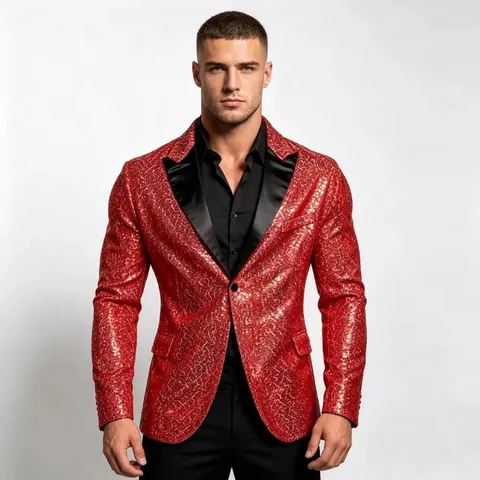 Giacca da Abito con Paillettes da Uomo Lucida Glitter Blazer da Spettacolo Revers Un Bottone Festa in Discoteca