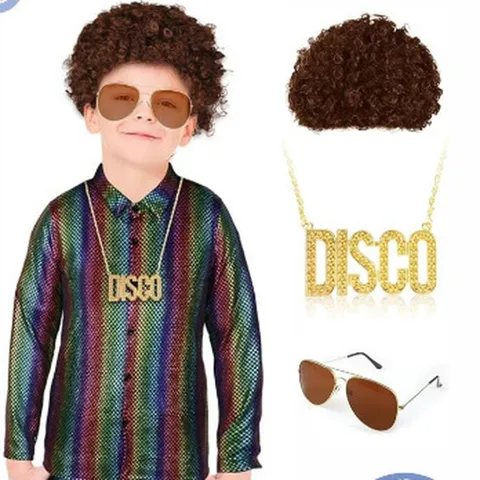 Kids Boys 70s Disco Costume Metallic Sequin Shirt Top And Matching Accessories Party Cosplay Stage Performance Outfit