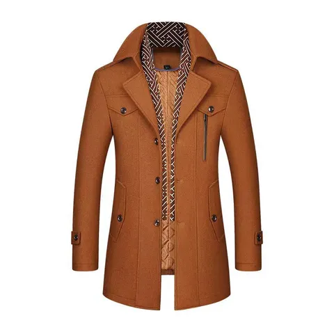 Men's Wool Blend Trench Coat Winter Warm Single Breasted Overcoat With Scarf Collar Business Casual Long Outerwear
