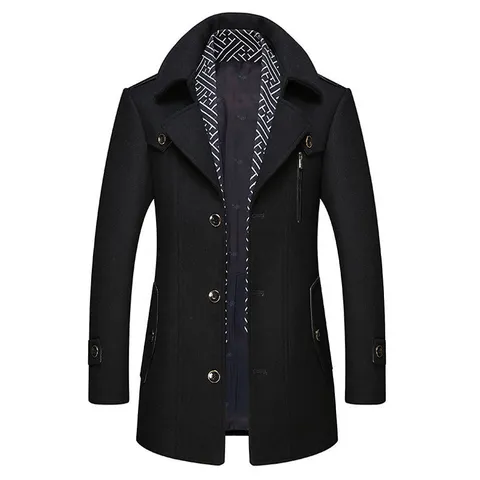 Men's Wool Blend Trench Coat Winter Warm Single Breasted Overcoat With Scarf Collar Business Casual Long Outerwear