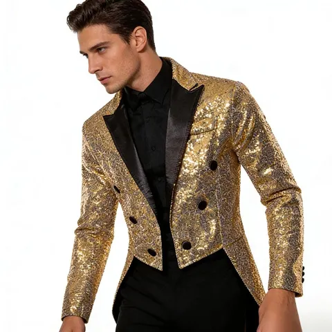 Men's Sequined Tailcoat Suit Jacket Double Breasted Lapel Blazer Banquet Nightclub Stage Performance Fashion Outerwear