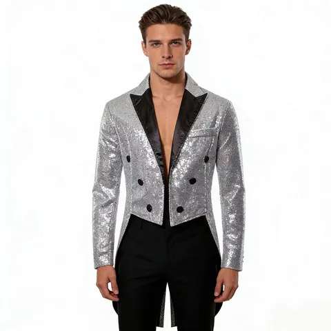 Men's Sequined Tailcoat Suit Jacket Double Breasted Lapel Blazer Banquet Nightclub Stage Performance Fashion Outerwear
