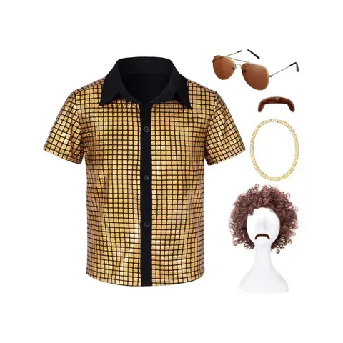Kids Boys 70s Disco Costume Metallic Sequin Shirt Top And Matching Accessories Party Cosplay Stage Performance Outfit