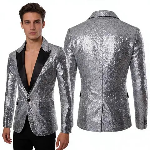 Chaqueta de Traje con Lentejuelas para Hombre Un Botón Solapa Blazer Brillante para Actuación Fiesta