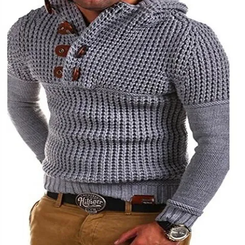 Herren Casual Baumwollmischung Kapuzenpullover Asymmetrischer Knopf Cardigan Langarm Slim Fit Strickware Pullover Top
