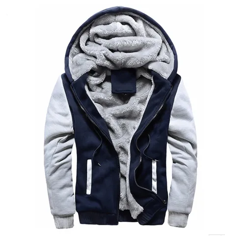 Men Fleece Lined Hooded Sweatshirt Winter Thickened Colorblock Zip Up Cardigan Casual Warm Cotton Blend Jacket Top