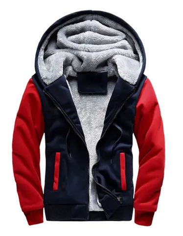 Men Fleece Lined Hooded Sweatshirt Winter Thickened Colorblock Zip Up Cardigan Casual Warm Cotton Blend Jacket Top