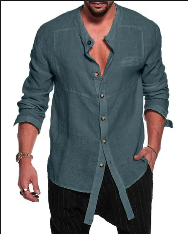 Men's Casual Long Sleeve Shirt Cotton Linen Blend Mandarin Collar Solid Color Top