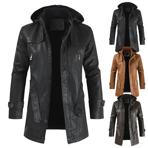 Anδρικό Casual Δερμάτινο Mπουφάν PU με Κουκούλα Slim Fit Αντιανεμικό Ζεστό Παλτό Χειμώνας Μηχανή Biker Mόδα Εξωλέμβια Ρούχα