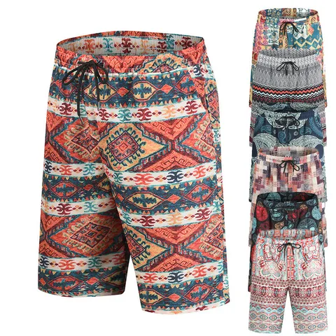 Herren Sommer Casual Strandshorts Ethisch Geometrisch Bedruckt Locker Dreiviertel Kordelzug Mittlere Bundhöhe Mode Badeshorts