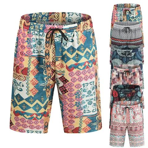 Herren Sommer Casual Strandshorts Ethisch Geometrisch Bedruckt Locker Dreiviertel Kordelzug Mittlere Bundhöhe Mode Badeshorts