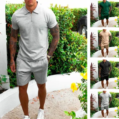 Men's Summer Casual Solid Color Lapel Short Sleeve T-Shirt And Shorts Set Cotton Blend Sports Tracksuit