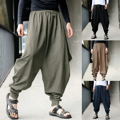 Men's Casual Cotton Harem Pants Loose Fit Retro Jogger Trousers With Drawstring Elastic Waist Streetwear